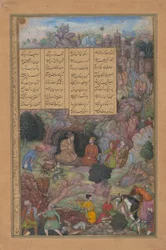Alexander besøger vismanden Platon i sin bjerghule, Folio fra en Khamsa..., 1597-98.