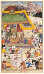 Den unge kejser Akbar arresterer den uforskammede shah Abul-Maali, side fra et manuskript af Akbarnama, ca. 1590-95 (uigennemsigtig akvarel og guld på papir)