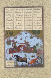 Gustaham Slays Lahhak and Farshidvard, Folio 349v fra Shahnama Book of..., ca.1525-30.