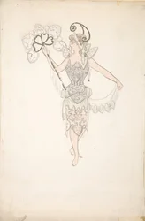 Kostumedesign til dame med vifte, 1890-99.