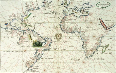 Et dobbeltsidet kort over Atlanterhavet, der viser Nord- og Sydamerikas østkyst, 1544