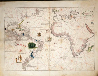 Afrika, Europa og en del af Amerika, fra Atlas of the World i treogtredive kort, af Battista Agnese