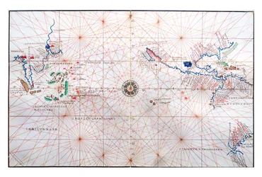 Navigationskort, der viser Kina, Ceylon og Filippinerne og Krebsens og Stenbukkens trope, ca. 1540