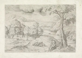 Panoramalandskab med ruiner, en by og rejsende Landschap mødte hyrde