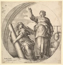 Fortitude and Justice, en allegorisk komposition i rundt format, med Fortitude g..., ca. 1530-61.