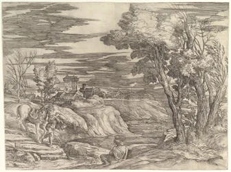 Landskab med en rytter og hans brudgom, ca. 1552-61.