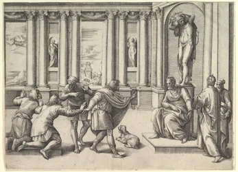 Mand, der sidder under en statue af Bacchus, modtager et publikum, ca. 1530-61.