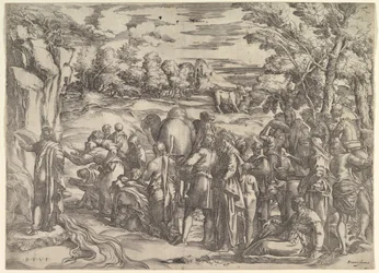 Moses trækker vand fra klippen, til venstre med vand strømmende, forskellige figurer og ..., ca. 1552-61.