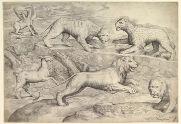 Seks dyr, inklusive løver, en tiger, en leopard, en griffin og en ged, ca. 1530-61.