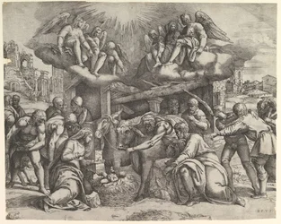 Hyrdernes tilbedelse med engle over hovedet, ca. 1530-61.