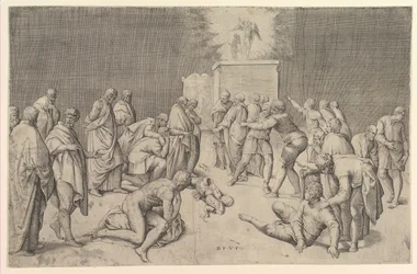Filisterne placerer pagtens ark i Dagons tempel, ca. 1540.