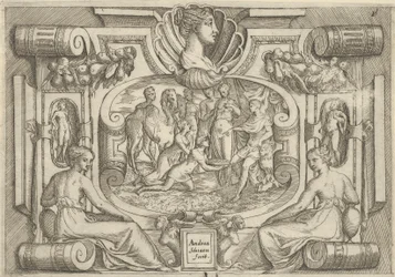 En mand og kvinde, der ofrer et fad med mønter til en konge, der sidder på en trone, sat med..., ca. 1540-80.