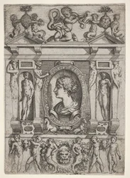 Buste af en kvinde i profil mod venstre, sat i en kunstfærdig ramme med figurer i n..., ca. 1540-80.