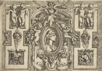 Kvindebuste i profil mod højre, sat i en kunstfærdig ramme med putti, ..., ca. 1540-80.