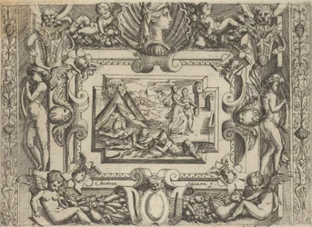 Judith og tjenestepige med hovedet af Holofernes, sat inden for en kunstfærdig ramme, ca..., ca 1540-80.