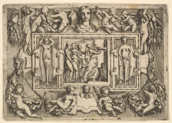Den cumeiske sibylle går til højre og bærer en bakke, efterfulgt af tre kvinder..., ca. 1540-80.