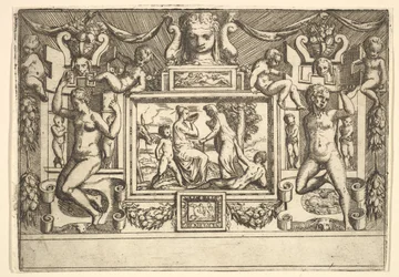 Ung kvinde drikker af en skål, en gammel kvinde står foran hende, sat i..., ca. 1540-80.