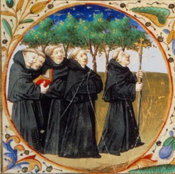 Scene af klosterliv. Detalje, der repræsenterer munke af Augustinerordenen. Miniature taget fra "" Timebog ifølge brugen af Paris"" oplyst af Mesterens værksted i Bedford. 1450. Paris, B.N.
