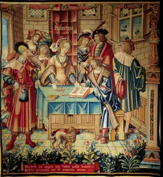 Gardin med en fremstilling af de frie kunster: Aritmetik. Gobelin af uld og silke fremstillet omkring 1520 i Tournai. Mål 3,1 x 2,9 m. Paris, Nationalmuseet for Middelalderen, Cluny-badene
