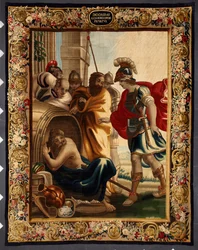 Diogene og Alexander: mødet mellem den græske filosof Diogene de Sinope (413-327 f.Kr.) i hans tønde og kong Alexander den Store (356-323 f.Kr.) i Korinth. Da erobreren spurgte ham, hvad han ville, svarede Diogene: "Tag lidt af min sol". Tryk på
