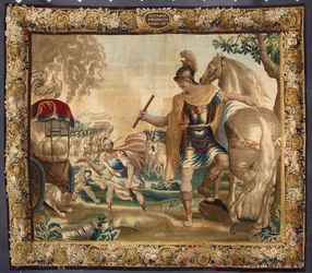 Kong Alexander den Store (356-323 f.Kr.) brændte al unødvendig bagage inden sin rejse til Indien. Gobelin fremstillet i Bruxelles. 1500-tallets gener, Musei di Strada Nuova