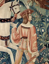 Middelalderen: afrejsen til falkejagt til hest. Detalje af et silke- og uldtæppe fra begyndelsen af det 16. århundrede. Fra Hainaut. Paris, Nationalmuseet for Middelalderen, Clunybadene