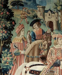 Middelalderen: afgang til falkejagt til hest. Detalje af et silke- og uldtæppe fra begyndelsen af det 16. århundrede. Fra Hainaut. Paris, Nationalmuseet for Middelalderen, Thermes de Cluny