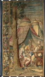 Moise med Jethro og Sephora Billedtæppe af Dionys Martensz efter Luca Cambiasos (1527-1584) kartoner fremstillet i manufakturerne i Bruxelles 1561-1564 Dim. 391x141,2 cm Genes, Musei di Strada Nuova