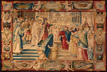 Kristi lidenskab: Jesus er til stede for mængden. Gobelin fremstillet i Bruxelles. 1500-tallets gener, Musei di Strada Nuova