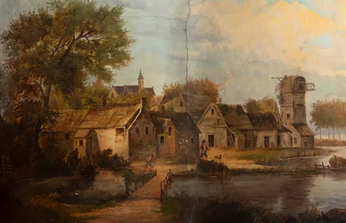 Andet baglokale på bagsiden, mødelokale, vægmalerier med landlige scener i klassisk stil, formentlig fra omkring 1810, scene 3