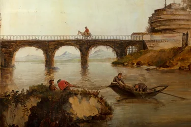 Andet baglokale på bagsiden, mødelokale, vægmalerier med landlige scener i klassisk stil, formentlig fra omkring 1810, scene 2