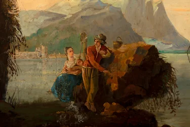 Andet baglokale på bagsiden, mødelokale, vægmalerier med landlige scener i klassisk stil, formentlig fra omkring 1810, scene 5