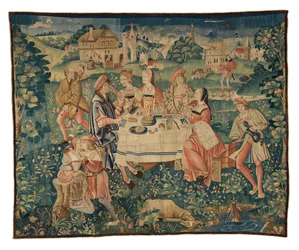 Vægtæppe, der forestiller banket i det fri, eller et udendørs måltid i kærlighedens have, fra Tournai, ca. 1510 (uld og silke)