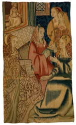 Gobelinfragment forestillende fem damer, muligvis lavet i Bruxelles, Belgien, ca. 1500 (uld)