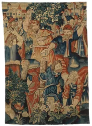 Gobelin-fragment, der forestiller steningen af de ældste, muligvis lavet i Bruxelles, Belgien
