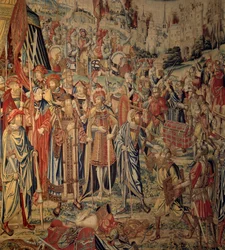 Davids og Betsabee-tapet: Joabs våben. Tapet baseret på en tegning af Jan Van Roome lavet på værkstederne i Bruxelles. 16. århundrede Ecouen renæssancemuseum