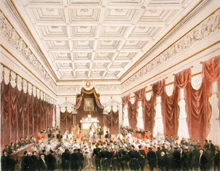 Ægteskabet mellem Maximilian af Hapsburg-Lorraine (1832-67) ærkehertug af Østrig og Charlotte Saxe-Cobourg-Gotha (1840-1927) prinsesse af Belgien, på Chateau de Bruxelles den 21. juli 1857 (farve litho)