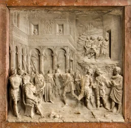 Krypten, Ark af de hellige Marcellinus og Peter Exorcist, Benedetto Briosco 1506-08, Santi Mercellino og Peter foran dommeren