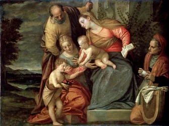 Den hellige familie med de hellige Catherine, Anne og Johannes Døberen, c1580-c1582