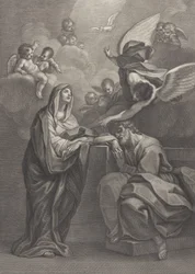 Plade 6: Sankt Josefs drøm, med Jomfru Maria til venstre og en engel over, der peger ..., 1777