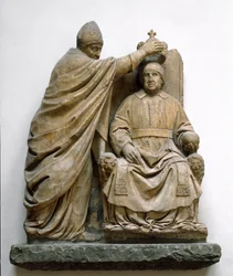 Kardinal Latino di Carlo Orsini (1410-1477) kroner Ferdinand 2. af Aragonien (1452-1516). Marmorskulptur af Benedetto da Maiano (1442-1497). Firenze, Museo Nazionale del Bargello