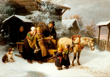 ""Le part de la maison"" Scene dans la region de la Dalecarlie en Sweden (Leaving Home (Dalecarlian Scene) - Maleri af Bengt Nordenberg (1822-1902) - Olie på lærred Dim 54,5x78 cm Hallwylska Museum, Stockholm