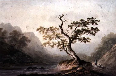 Landskab med flod og bjerge
