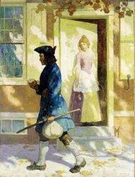 "Benjamin Franklins (1706-1790) ankomst som ung mand til Philadelphia for at søge arbejde" Maleri af Newell Convers (NC) Wyeth (1882-1945) Privat samling