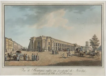 Nevsky Prospekt (perspektiv Nevski) nær Great Gostiny Dvor og City Duma i Sankt Petersborg - Benjamin Paterssen (1748-1815). Radering, akvarel, efter 1802. Statens Museum for Sankt Petersborgs Historie
