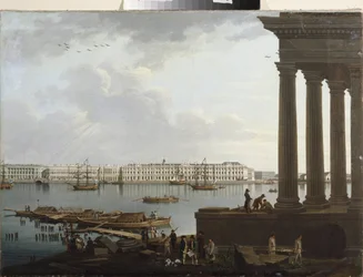 Udsigt over vinterpaladset og børsen i Sankt Petersborg. Maleri af Benjamin Paterssen (1748-1815), olie på lærred