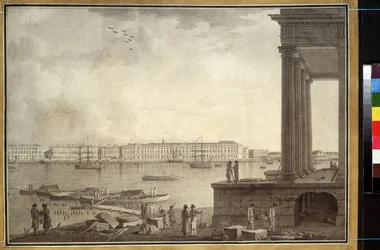 Udsigt over Vinterpaladset og børsen i Sankt Petersborg. Værk af Benjamin Paterssen (1748-1815), blyant og blæk på papir, ca. 1790. Svensk kunst