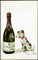 Karton til champagne “” Delbeck et Cie, Reims””, illustration af Benjamin Rabier (1864-1939), sd. begyndelsen af det 20. århundrede.