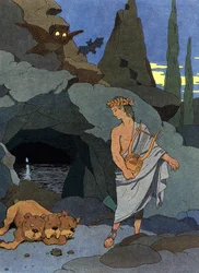 Orpheus og hans lyre faldt i søvn Cerbère hunden med tre hoveder