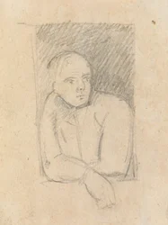 Studie af en figur, der læner sig ud af et vindue